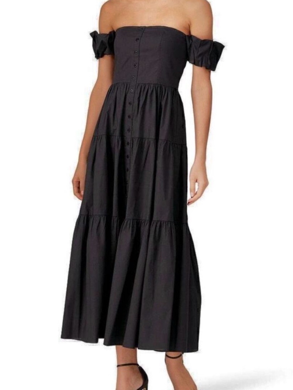 STAUD Black Elio Off Shoulder Tiered Midi Dress 10